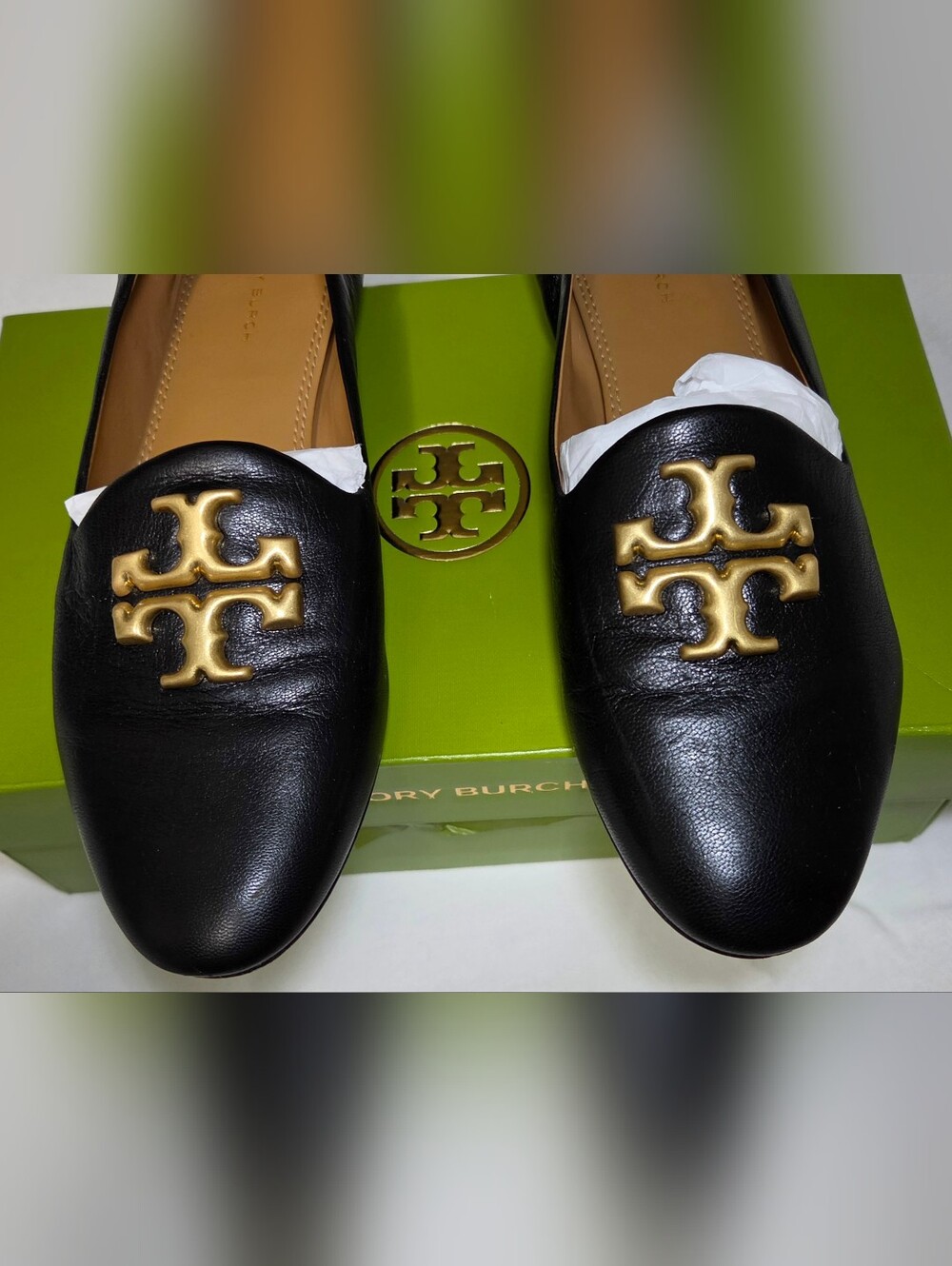 Tory Burch Eleanor Smoking Slippers Black Gold Leather Loafers Size 8